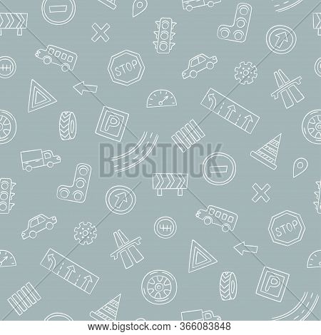 Doodle Seamless Pattern With Cars, Road Signs, Markings And Traffic Lights. Hand Drawn Vector Illust