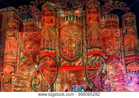 Night Image Of Decorated Durga Puja Pandal, Durga Puja Is Biggest Religious Festival Of Hinduism. Sh