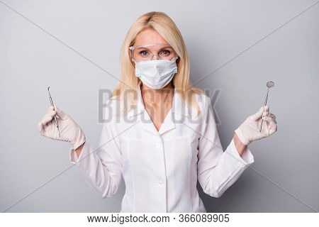 Qualified Dental Practitioner Retired Pensioner Woman Wear Protective Mask Latex Gloves Goggles Hold