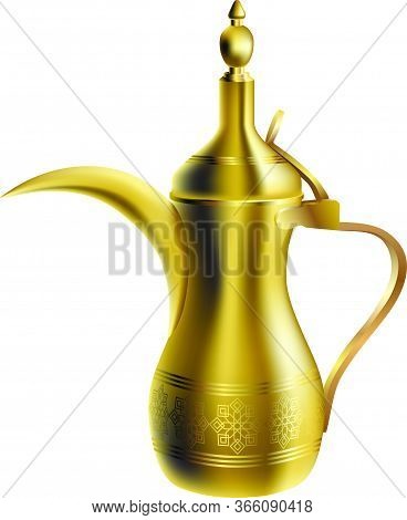 Vector Traditional Arabic Coffee Pot Isolated On White Background. Realistic 3d Oriental Golden Dall