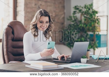 Portrait Of Her She Nice Attractive Cheerful Focused Wavy-haired Girl Marketing Director Using Digit