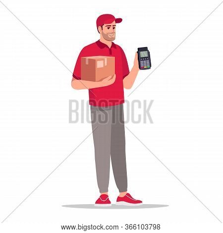 Terminal Payment For Delivery Semi Flat Rgb Color Vector Illustration. Deliveryman With Parcel. Cauc
