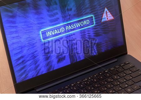 Computer Screen Concept With Password Entry Error. Invalid Password On Blue Background. Red Warning 