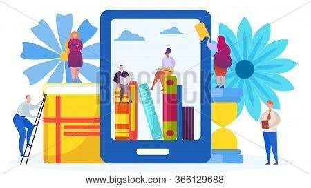 People Use Electronic Library, E-books For Research, Acquisition Knowledge Through Internet, Cartoon