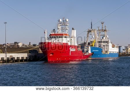 New Bedford, Massachusetts, Usa - May 13, 2020: Survey Vessels Fugro Searcher And Gardline Ocean Obs