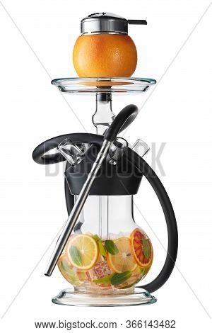 Trendy Hookah With Citrus Fruits Isolated On White. Grapefruit Hookah Bowl.