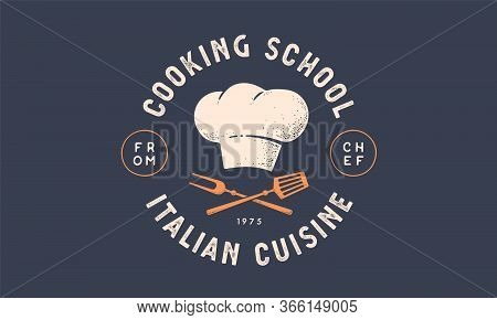 Food Logo. Logo For Cooking School Class With Icon Bbq Tools, Grill Fork, Spatula, Text Typography C