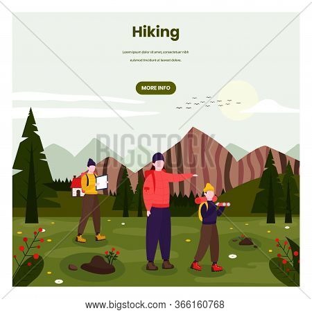Hiking Vector Web Banner Template. Tourists Family Characters With Backpacks Going Hiking, Retro Fla