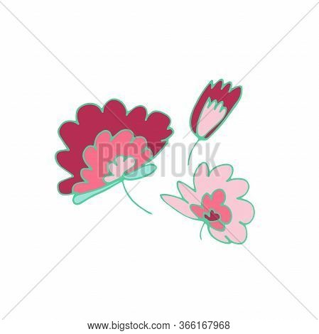 Doodle Set Flowers. Pink Flowers And Buds Isolated On White Background. Hand-drawn Plants With Petal