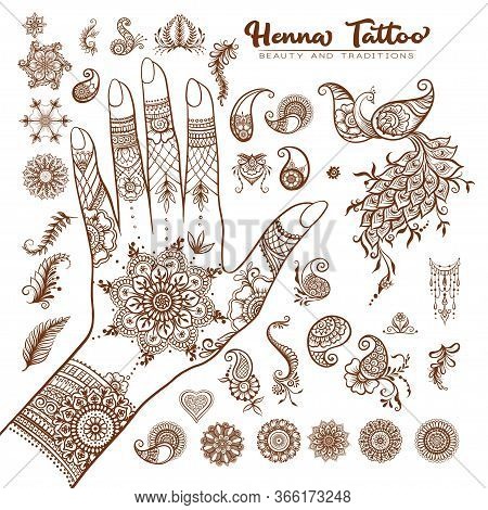 Female Hand And Set Of Traditional Indian Henna Tattoo Elements. Vector Illustration.
