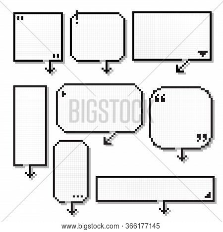 Collection Set Of Retro Game 8 Bit Line Pixel Speech Bubble Balloon Black And White Color With Arrow