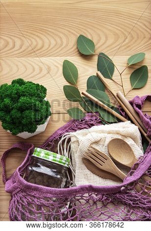 Cotton Bags, Net Bag With Reusable  Glass Jars And Bamboo Cutlery. Zero Waste Concept. Eco Friendly.