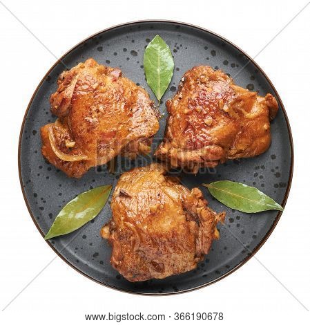 Filipino Chicken Adobo On Dark Gray Plate Isolated On White Backdrop. Chicken Adobo Is Filipino Cuis