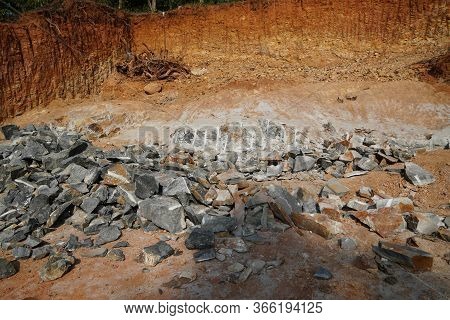 Pile Of Rocks I.e. Lithium Mining And Natural Resources Like Limestone Mining In Quarry. Natural Zeo