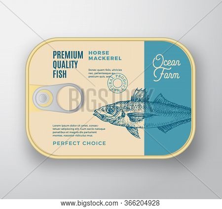Abstract Vector Fish Aluminium Container With Label Cover. Retro Premium Canned Packaging Design. Mo
