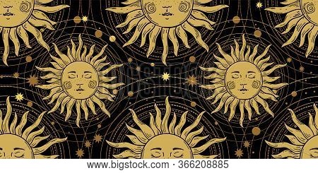 Seamless Pattern With The Golden Sun On A Black Background, Galaxies And Stars. Mystical Ornament In