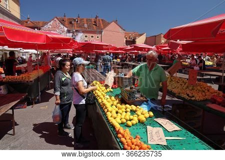 Zagreb, Croatia - June 30, 2019: People Visit Dolac Market Place In Zagreb, Capital City Of Croatia.
