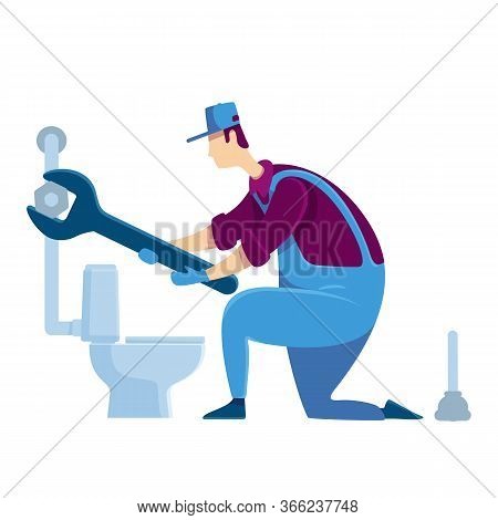 Plumber Flat Color Vector Faceless Character. Specialist Fixing Toilet. Handyman With Wrench. House 
