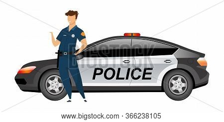 Policeman Standing By Patrol Car Flat Color Vector Faceless Character. Police Officer In Uniform Iso