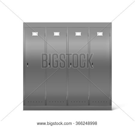 Steel Lockers In School Corridor Or Changing Room In Gym. Vector Realistic Interior With Individual 