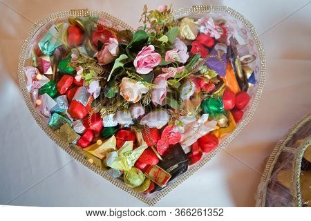 Heart Engagement Basket . Basket With Sweets Stands On The Table . Azerbaycan Baku 07.12.2019 .