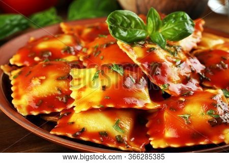 Ravioli With Tomato Sauce And Basil. Fresh Homemade Ravioli