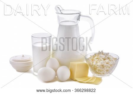 Dairy Products On White Background. Milk, Cottage Cheese, Sour Cream, Cheese, Butter, Eggs, Still Li
