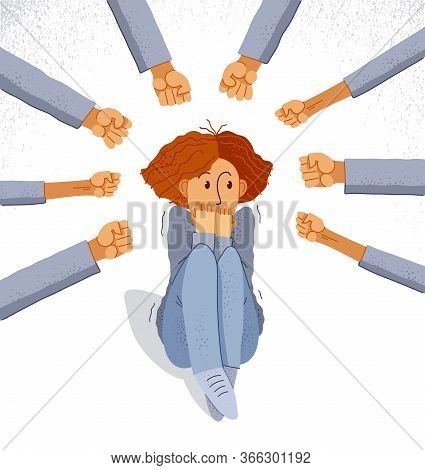 Bullying Vector Concept, Clenched Fists Threats Scared Young Woman Victim, Psychological Abuse, Viol