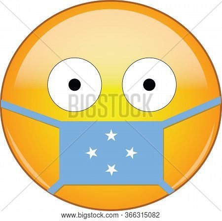 Yellow Scared Emoji In Micronesian Medical Mask Protecting From Sars, Coronavirus, Bird Flu And Othe