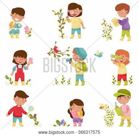 Little Kids Holding Magnifying Glass And Camera Exploring Nature Vector Illustrations Set