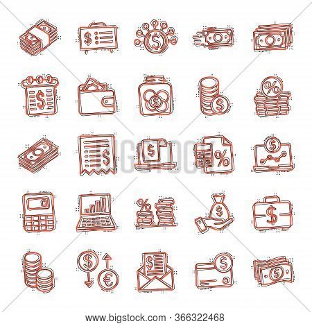 Money Finance Icon Set In Comic Style. Payment Cartoon Vector Illustration On White Isolated Backgro
