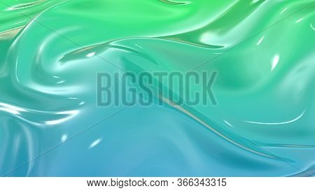 3d Render Beautiful Folds Of Light Glossy Blue Green Color Gradient In Full Screen, Like A Beautiful