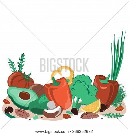 Fasting Mimicking Diet Food, Fmd Products Vector Illustration. Vegetables, Mushrooms, Olives, And Nu