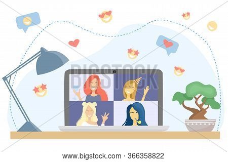 Flat Vector Illustration. Birthday Party Online, Bachelorette Party. Girls Talk To Each Other On A V