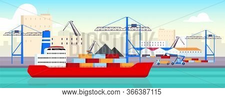 Sea Port Flat Color Vector Illustration. Industrial Shipyard, Container Yard 2d Cartoon Landscape Wi