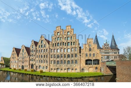 Salzspeicher (salt Storehouses) And Holsten Gate In Luebeck, Germany