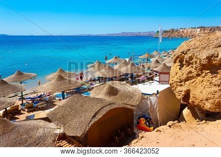 Sharm El Sheikh, Egypt - February 13, 2020: People Resting At El Fanar Beach In Egypt