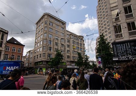 Antwerp, Flanders, Belgium. August 2019. Along The Main Shopping Street, The Meir, Many People Strol