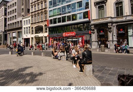 Antwerp, Flanders, Belgium. August 2019. Along The Main Shopping Street, The Meir, Many People Strol