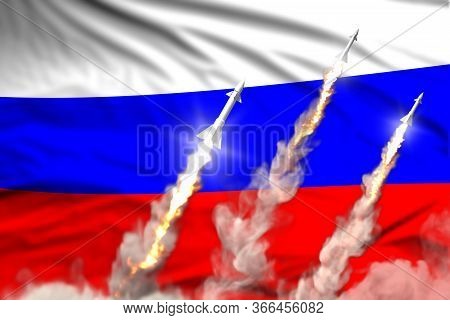 Russia Nuclear Missile Launch - Modern Strategic Nuclear Rocket Weapons Concept On Flag Fabric Backg