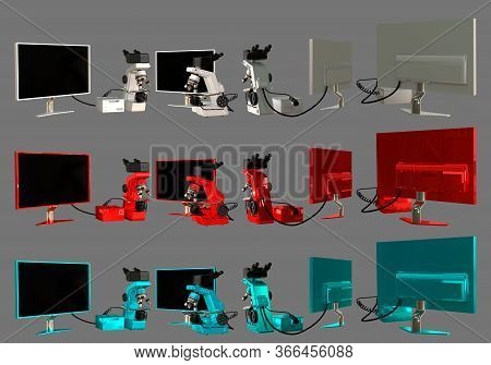 Huge Resolution Professional Microscope, Monitor, System Block Isolated - Realistic 3d Illustration 