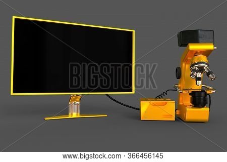 Yellow Laboratory Microscope, Cpu Block And Blank Monitor Isolated, Photorealistic 3d Illustration O