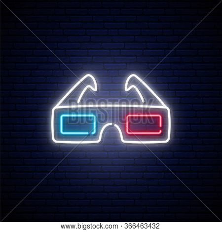 Neon 3d Glasses Sign. Bright Glowing Glasses Icon.  Concept 3d Cinema Design. Stock Vector Illustrat