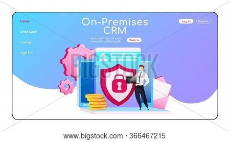 On Premises Crm Landing Page Flat Color Vector Template. Man Standing On Laptop Homepage Layout. Dat