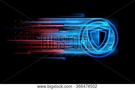 Badge With Shield And Digital Flow. Icon Or Sign With Protection Crest. Antivirus And Firewall, Viru
