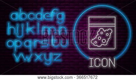 Glowing Neon Line Plastic Bag Of Medicinal Cannabis Icon Isolated On Brick Wall Background. Health D