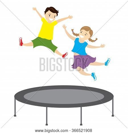 Happy Caucasian Children Jumping On A Trampoline