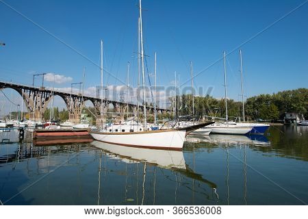 Yachts And Boats At The Pier On The River. Dnepr River , Dnepr , Ukraine. Beauty