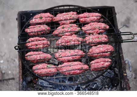 Luleh Kebab On The Grill Over Hot Coals, Close-up. Nice