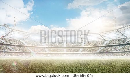 Profesional Soccer Stadium. Big Sport Arena. Daytime Stadium Under The Sun With Lights, Fans And Fla
